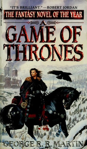 Cover of the Bantam mass market paperback edition of A Game of Thrones by George R. R. Martin, showing an iron throne rendered in silver against a black background.