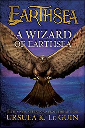 Cover of the Simon Pulse paperback edition of A Wizard of Earthsea by Ursula K. Le Guin, showing a hooded figure in silhouette against a dark blue sea and starlit sky.