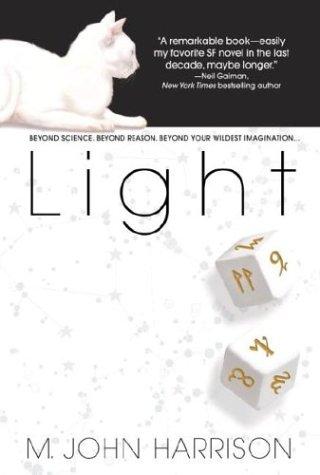 Cover of the Bantam Spectra paperback edition of Light by M. John Harrison, showing an abstract swirl of blue and violet light against a black background.