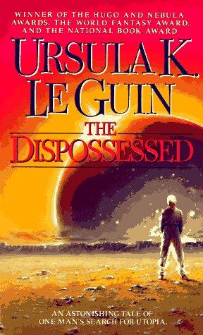 Cover of the Harper Perennial Modern Classics edition of The Dispossessed by Ursula K. Le Guin, featuring a minimalist geometric illustration of two orbiting bodies in orange and cream.