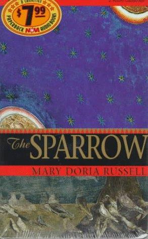 Cover of the Ballantine Books paperback edition of The Sparrow by Mary Doria Russell, showing a stylized bird silhouette against a warm gold and orange gradient sky.