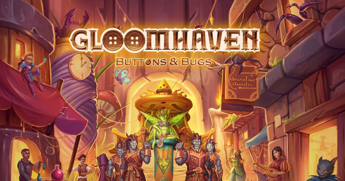Box cover art for Gloomhaven: Buttons & Bugs, showing tiny insect and rodent adventurer characters exploring an oversized domestic setting like a sewing box.
