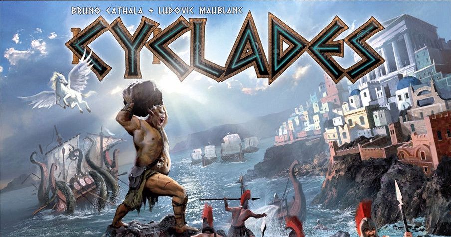 Box cover art for Cyclades, showing ancient Greek warships and mythological monsters clashing around a fortified island city.