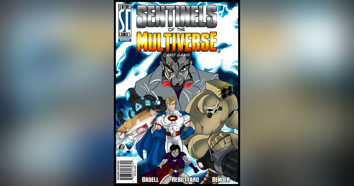 Box cover art for Sentinels of the Multiverse, showing a group of original superhero characters posed dynamically against a comic book style cityscape.
