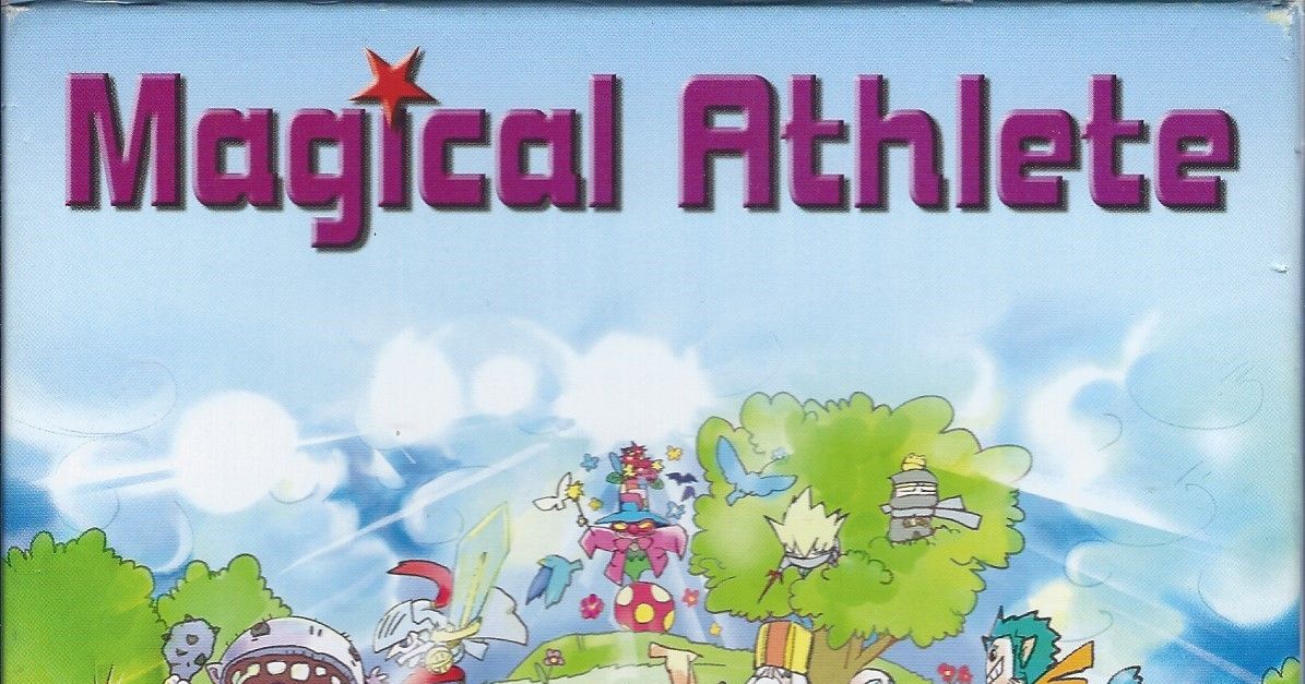 Box cover art for Magical Athlete, showing a colorful lineup of fantasy racer characters including a dragon, a slime, and a knight poised at a starting line.
