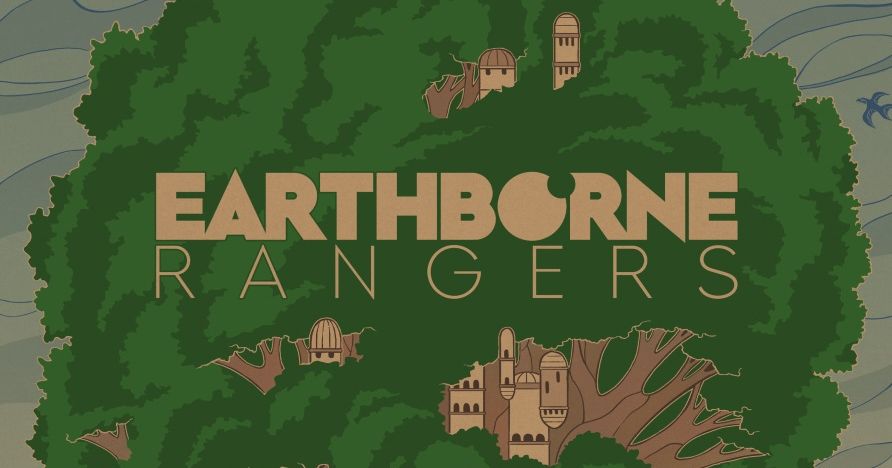 Box cover art for Earthborne Rangers, showing an illustrated ranger character standing in a lush overgrown forest clearing with wildlife nearby.